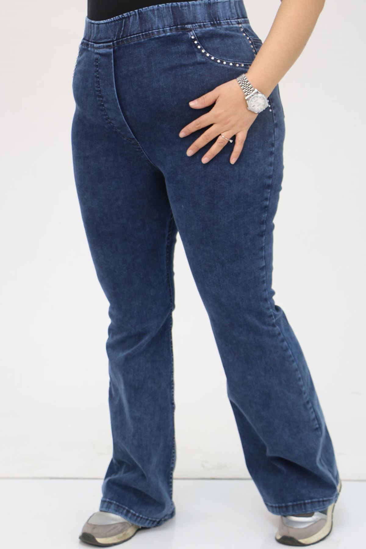 9201 Büyük Beden Beli Lastikli Taş Detaylı Kot Pantolon - Lacivert