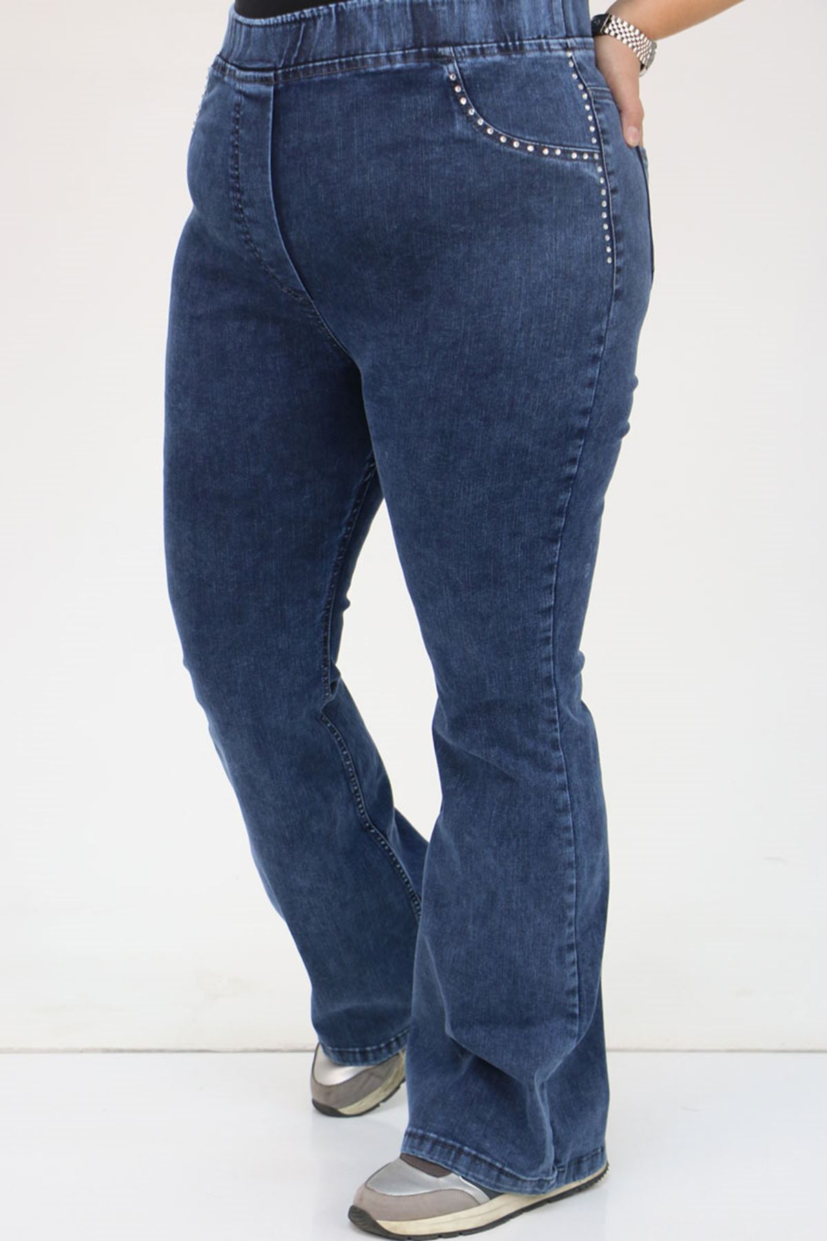 9201 Büyük Beden Beli Lastikli Taş Detaylı Kot Pantolon - Lacivert