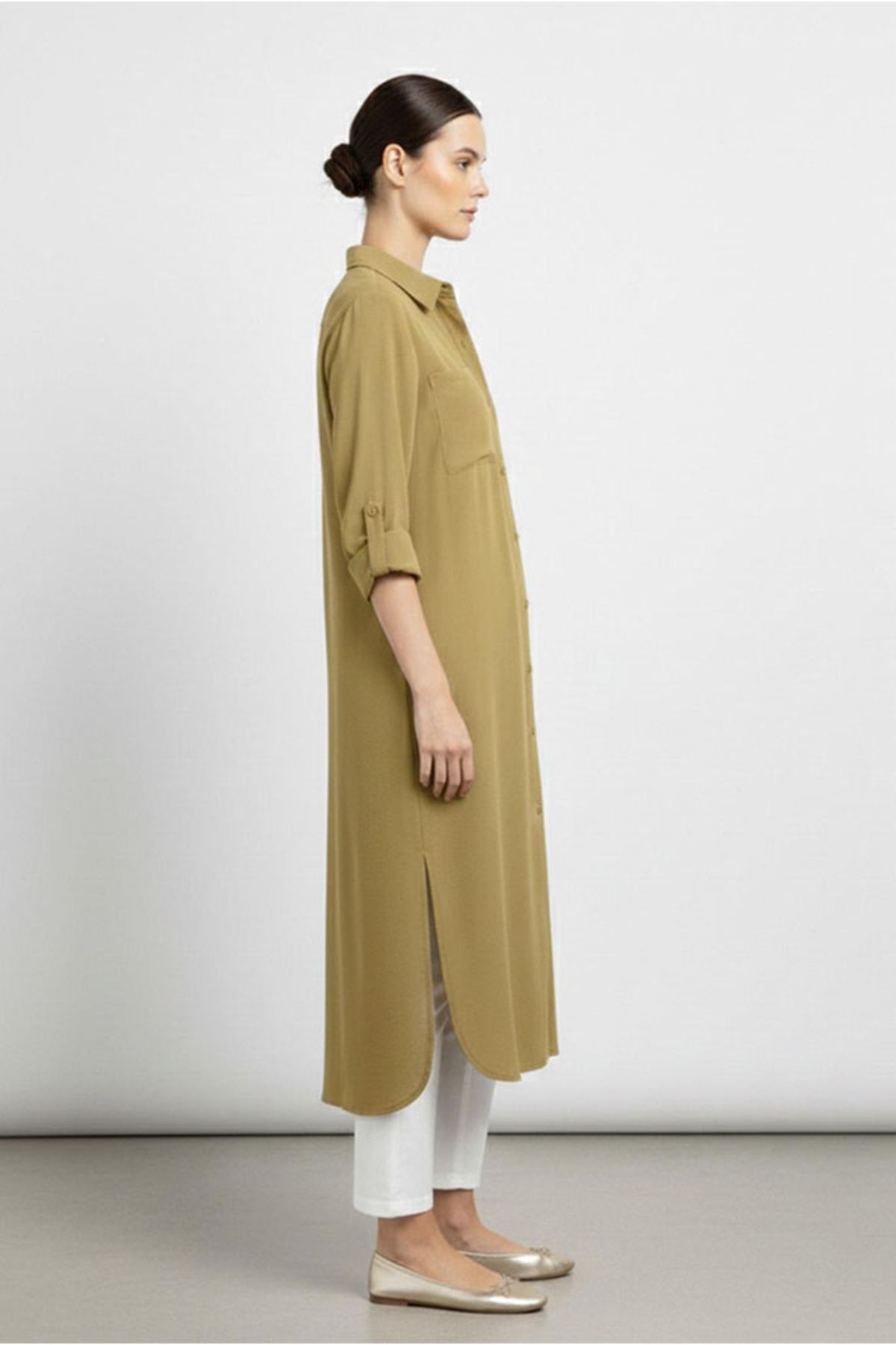 26Y7068 - YAĞ YEŞİLİ -  UZUN BASİC GÖMLEK