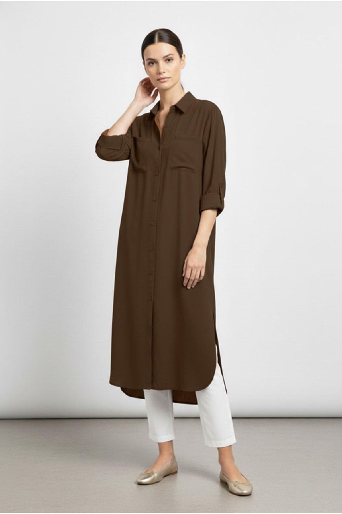 26Y7068 - KAHVE -  UZUN BASİC GÖMLEK