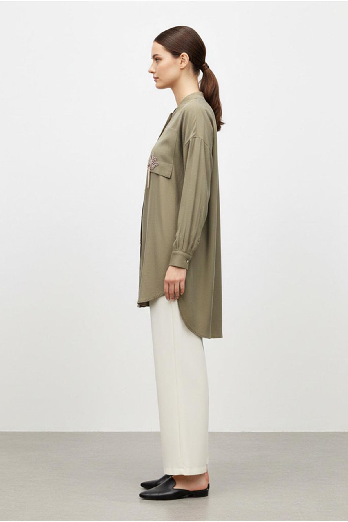 26Y7070 - YAĞ YEŞİLİ - TAŞLI ŞIK GÖMLEK 