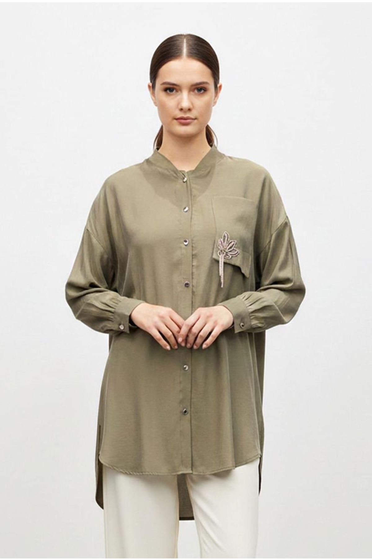 26Y7070 - YAĞ YEŞİLİ - TAŞLI ŞIK GÖMLEK 