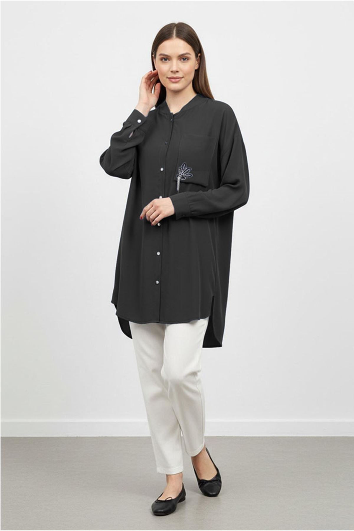 26Y7070 - SİYAH  - TAŞLI ŞIK GÖMLEK 