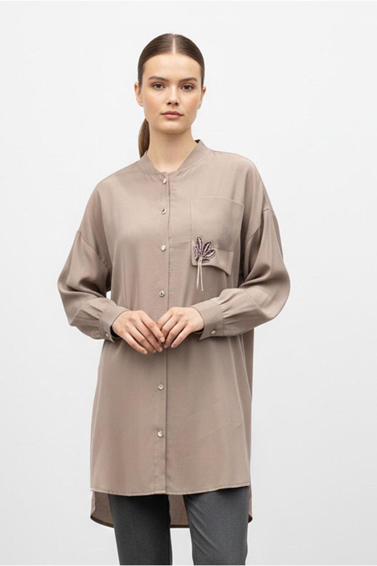 26Y7070 - VİZON - TAŞLI ŞIK GÖMLEK  