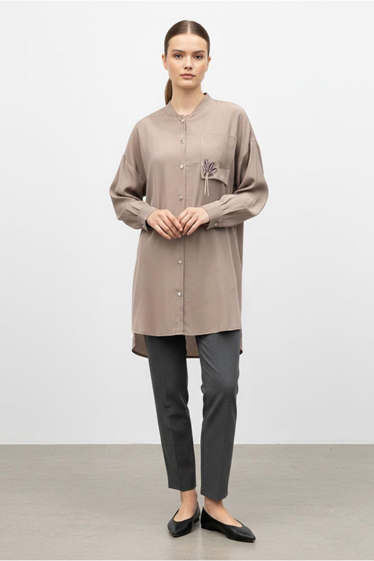 26Y7070 - VİZON - TAŞLI ŞIK GÖMLEK  