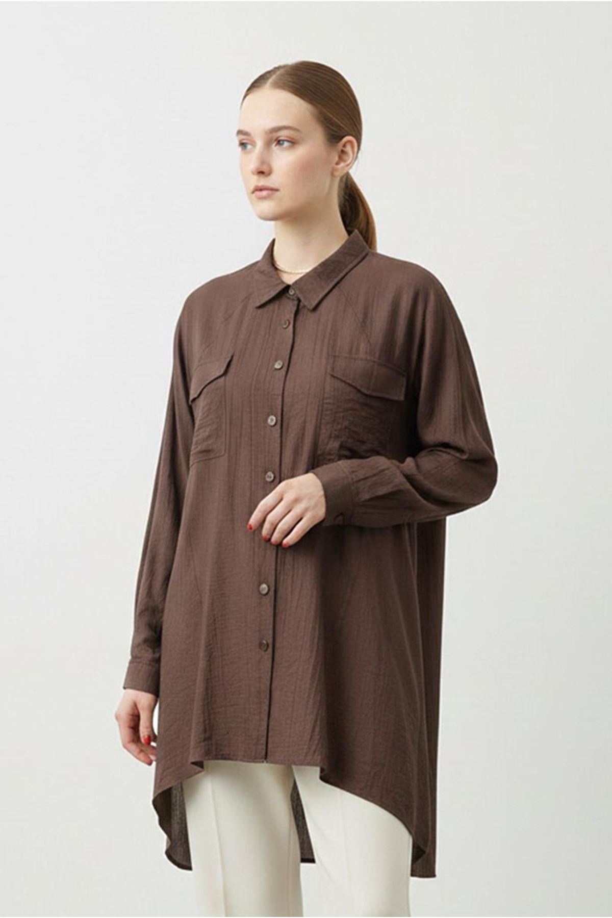 26Y7074 - KAHVE - ÇİLEK CEPLİ GÖMLEK