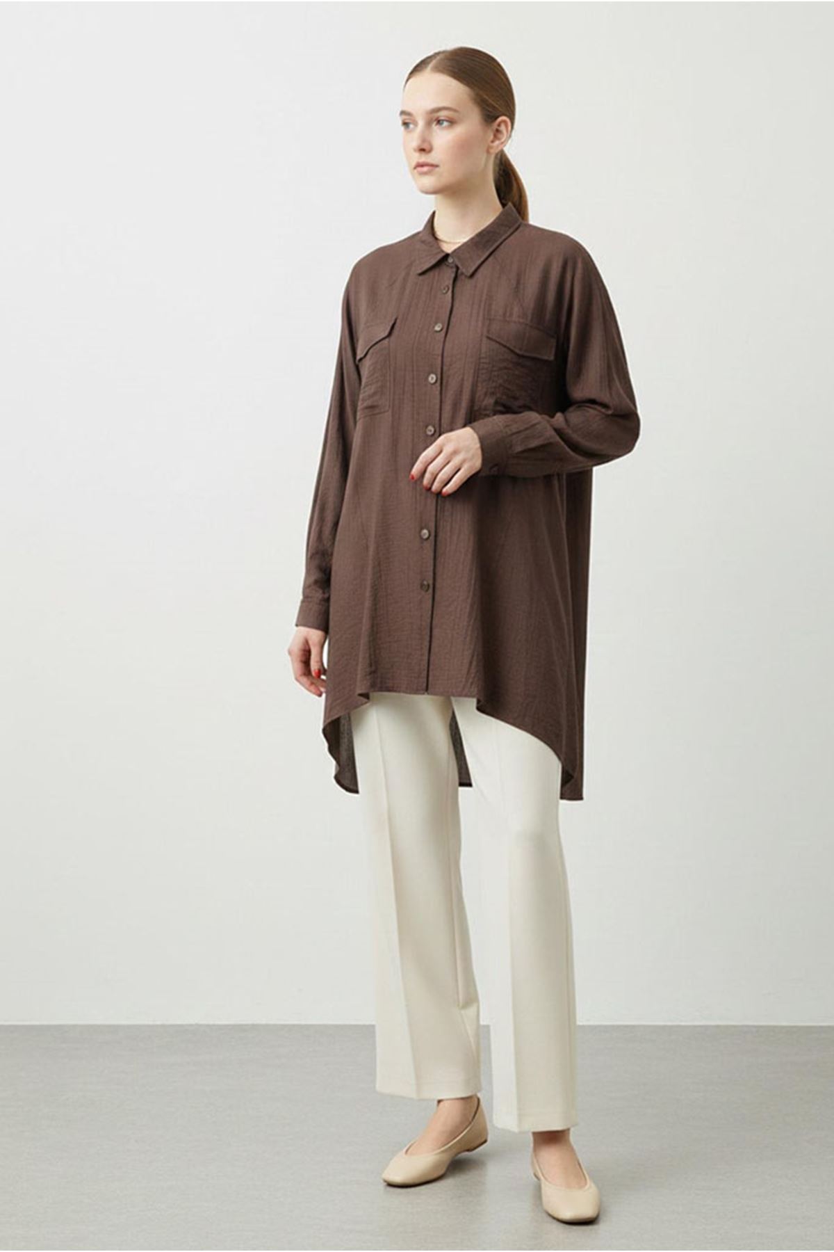 26Y7074 - KAHVE - ÇİLEK CEPLİ GÖMLEK