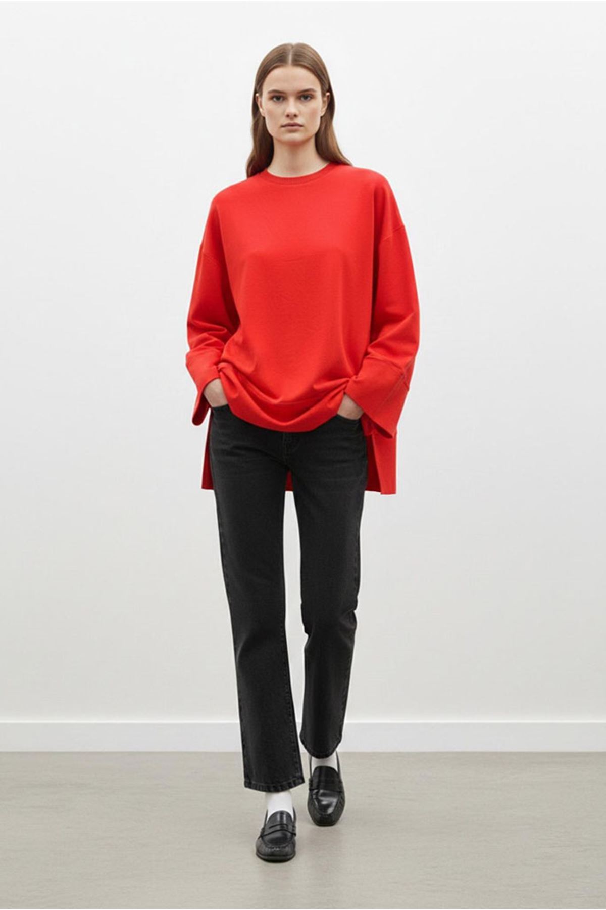 26Y7078 - KIRMIZI - BASİC YIRTMAÇLI TUNİK