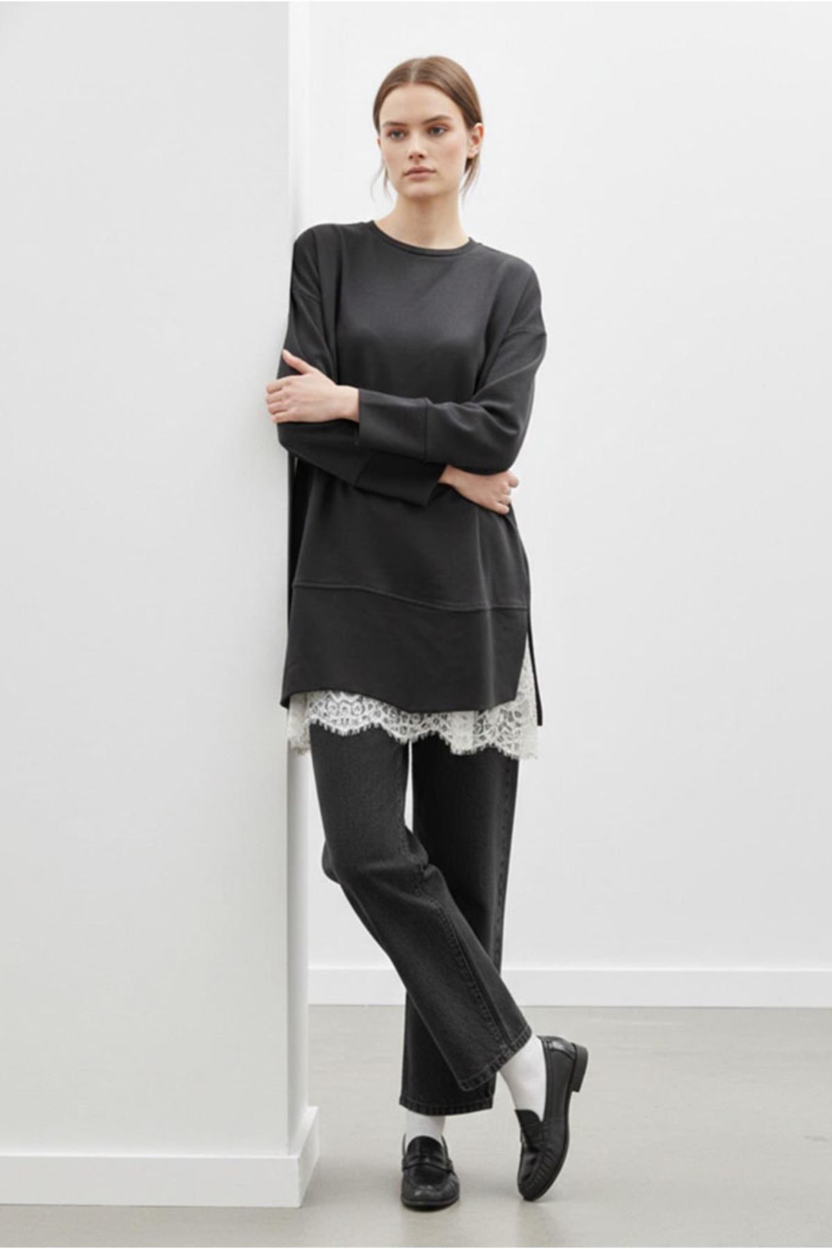 26Y7078 - SİYAH - BASİC YIRTMAÇLI TUNİK 