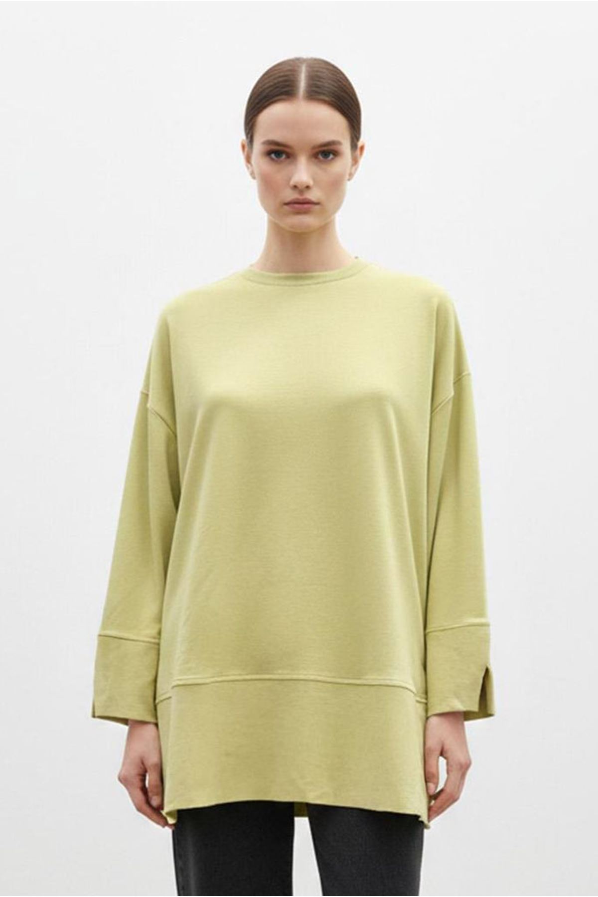 26Y7078 - YAĞ YEŞİLİ - BASİC YIRTMAÇLI TUNİK 