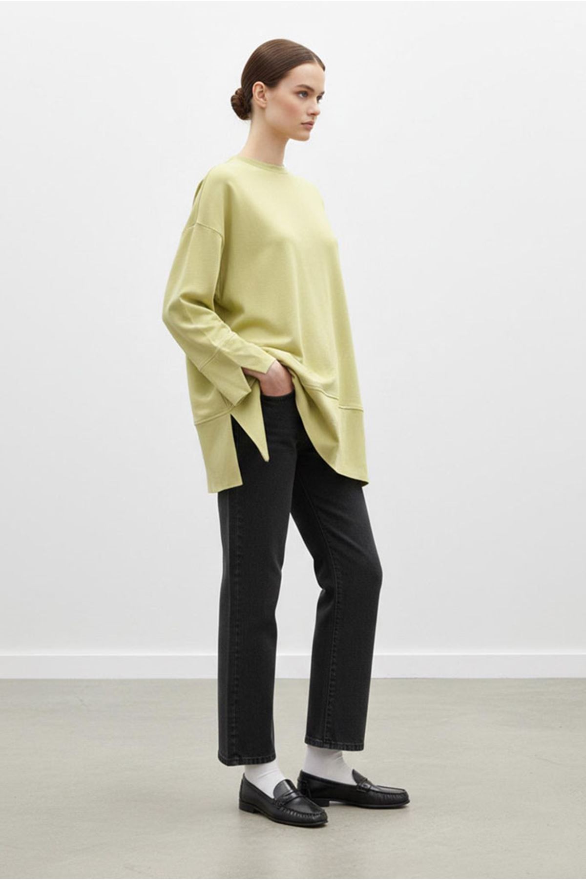 26Y7078 - YAĞ YEŞİLİ - BASİC YIRTMAÇLI TUNİK 