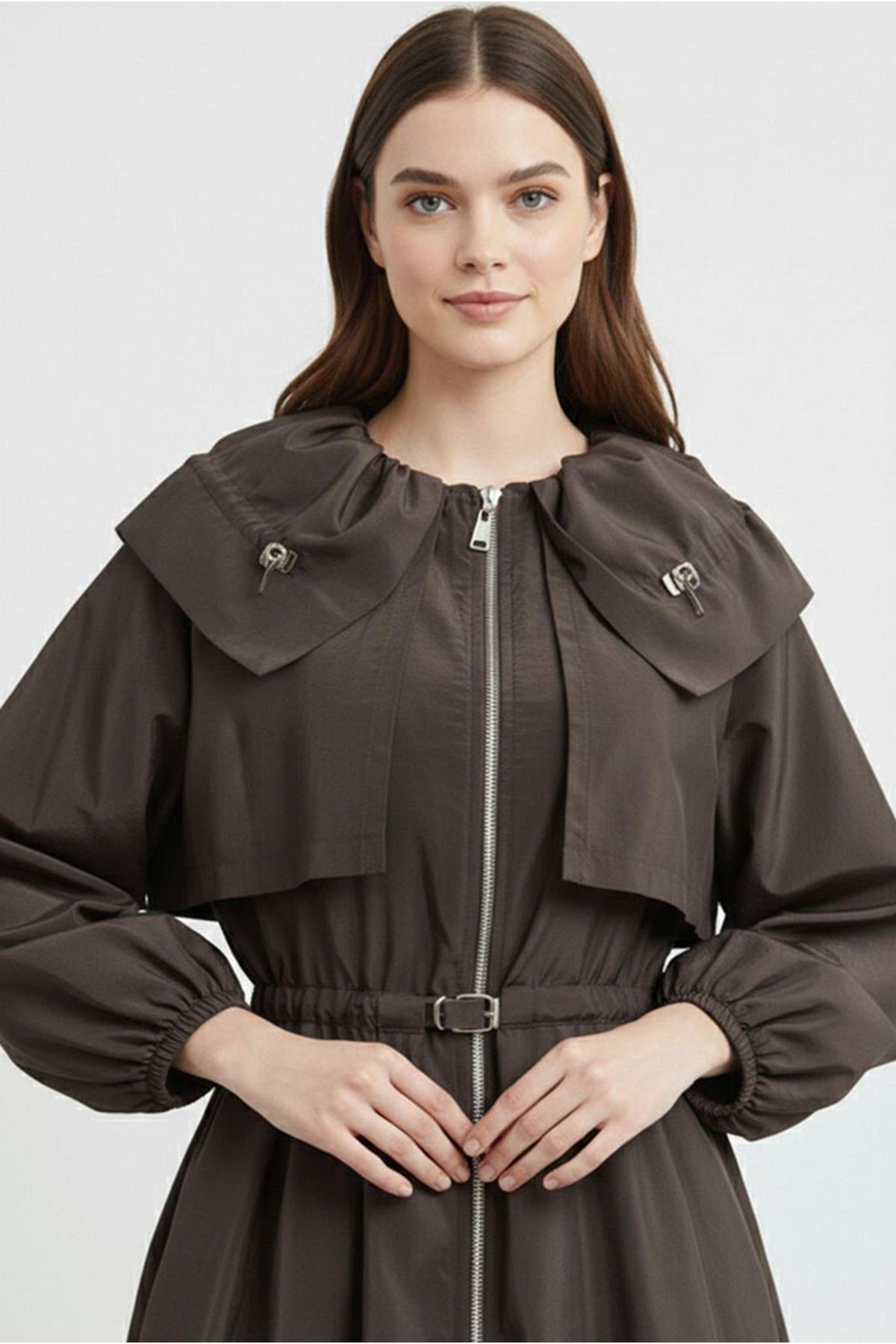 26Y7242 - KAHVE - KEMERLİ FERMUARLI CEKET