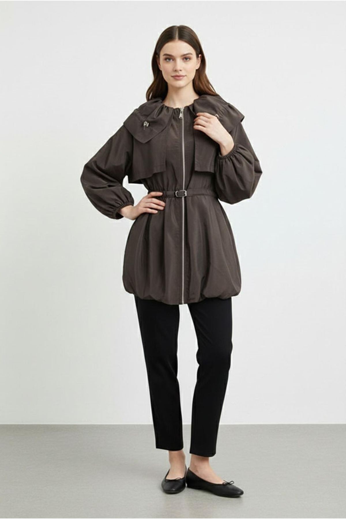 26Y7242 - KAHVE - KEMERLİ FERMUARLI CEKET