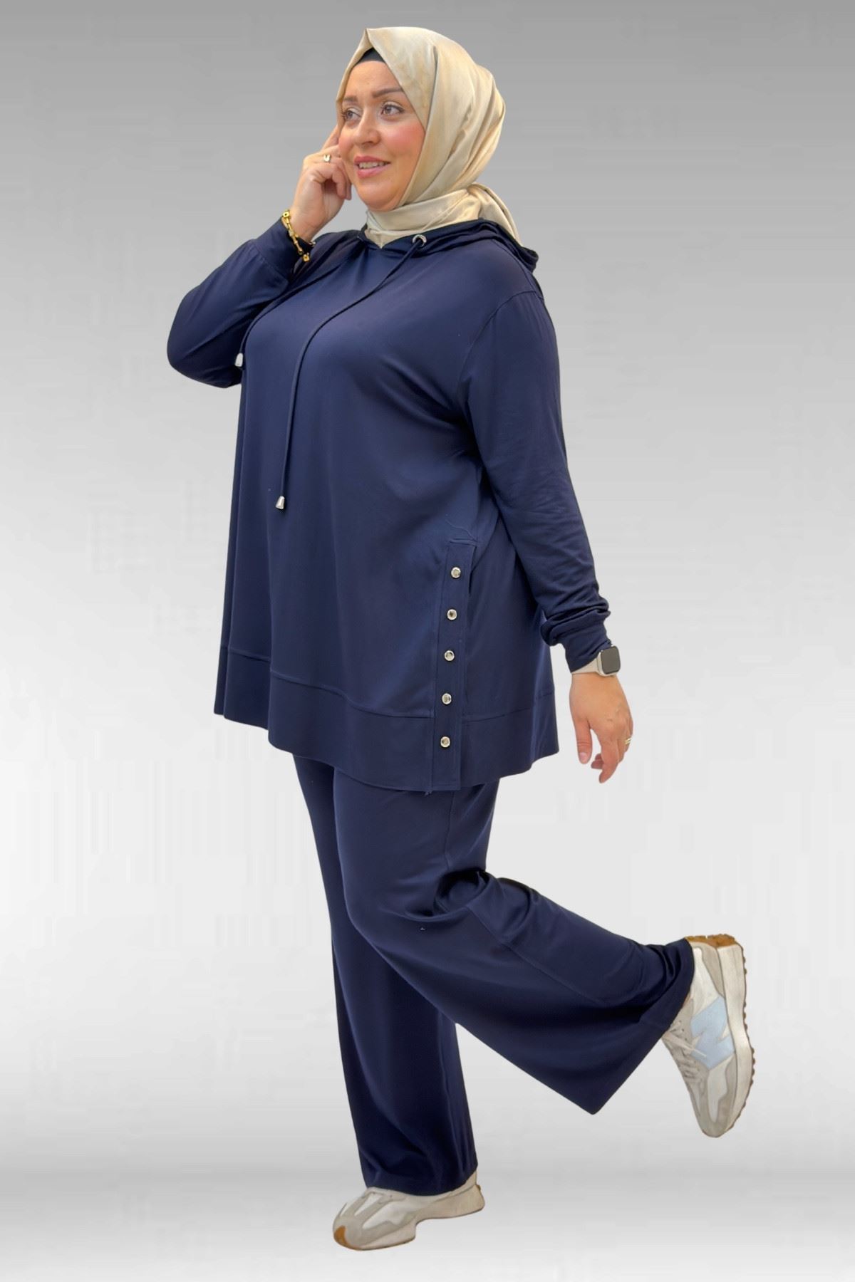 67034 Büyük Beden Yanları Patlı Penye Pantolonlu Takım - Lacivert