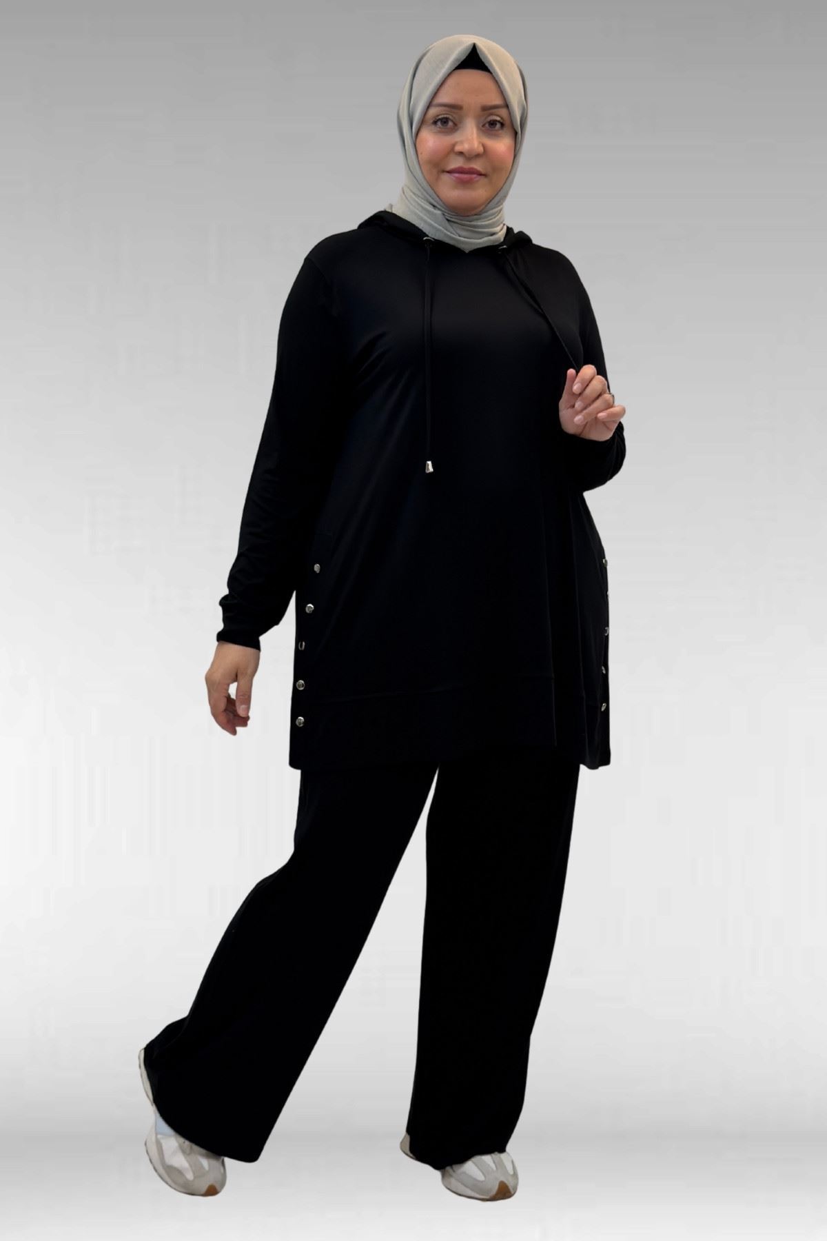 67034 Büyük Beden Yanları Patlı Penye Pantolonlu Takım - Siyah