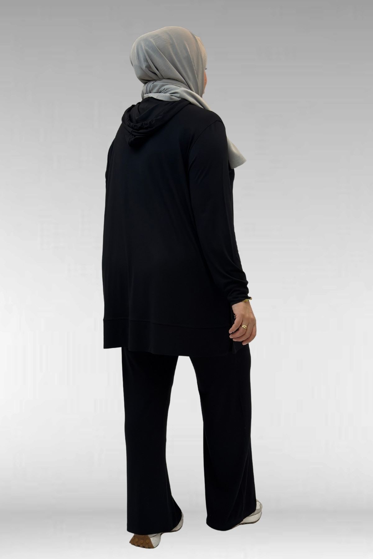 67034 Büyük Beden Yanları Patlı Penye Pantolonlu Takım - Siyah