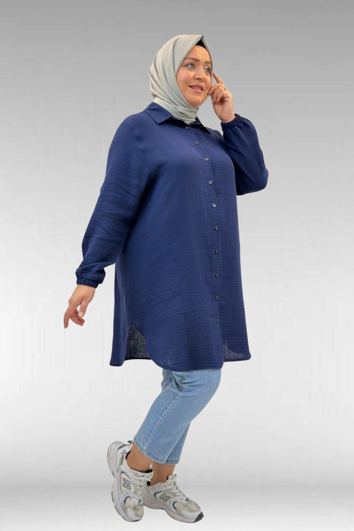 58091 Büyük Beden Kolları Lastikli Müslin Gömlek - Lacivert