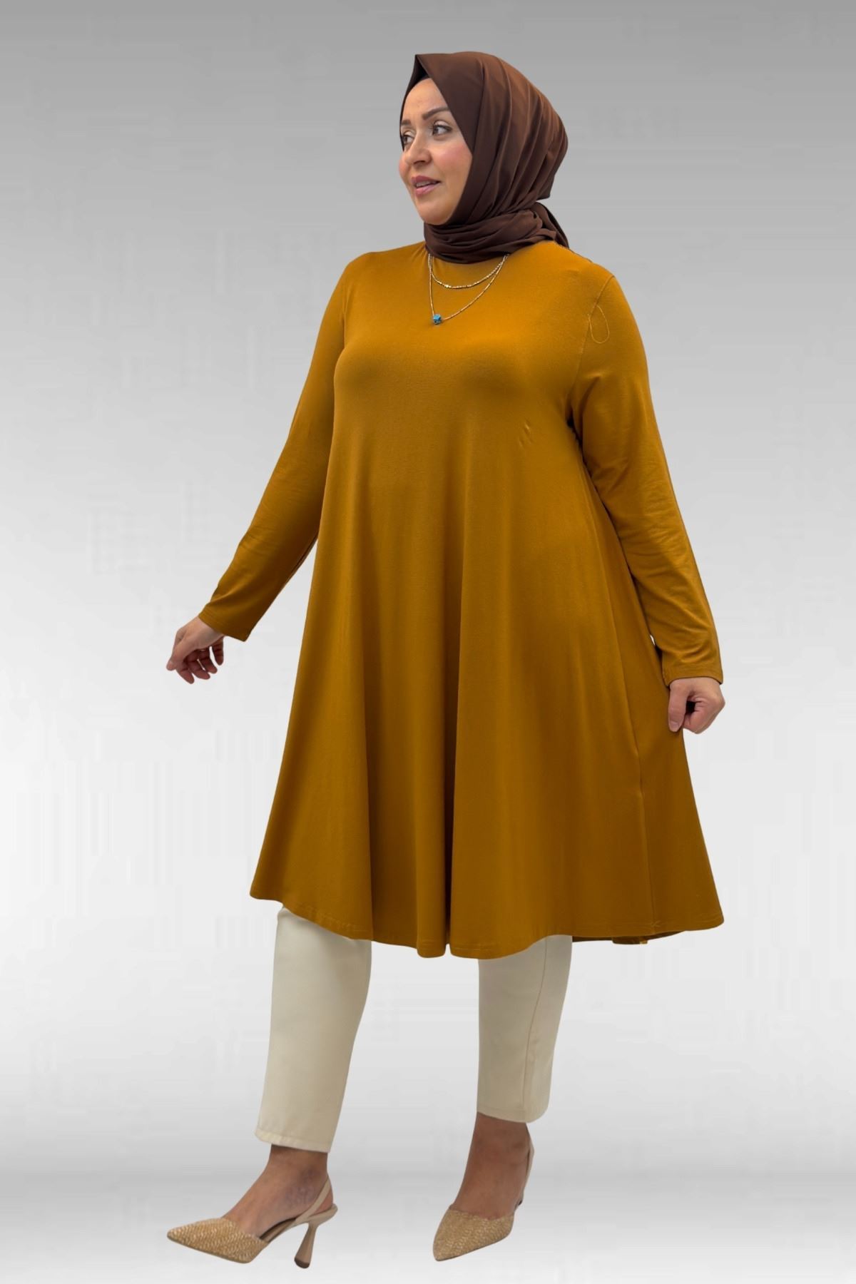 28016 Büyük Beden  Penye Mevlana Tunik - Tütün