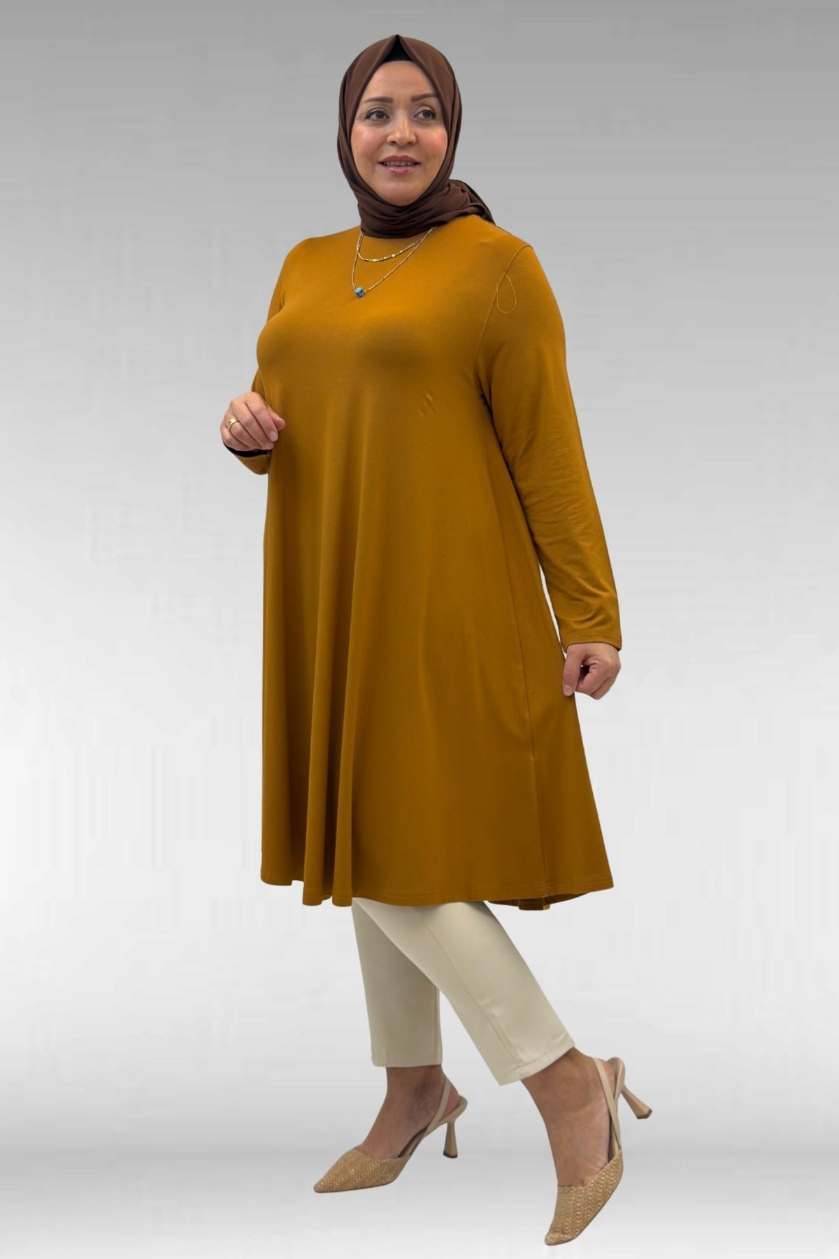 28016 Büyük Beden  Penye Mevlana Tunik - Tütün