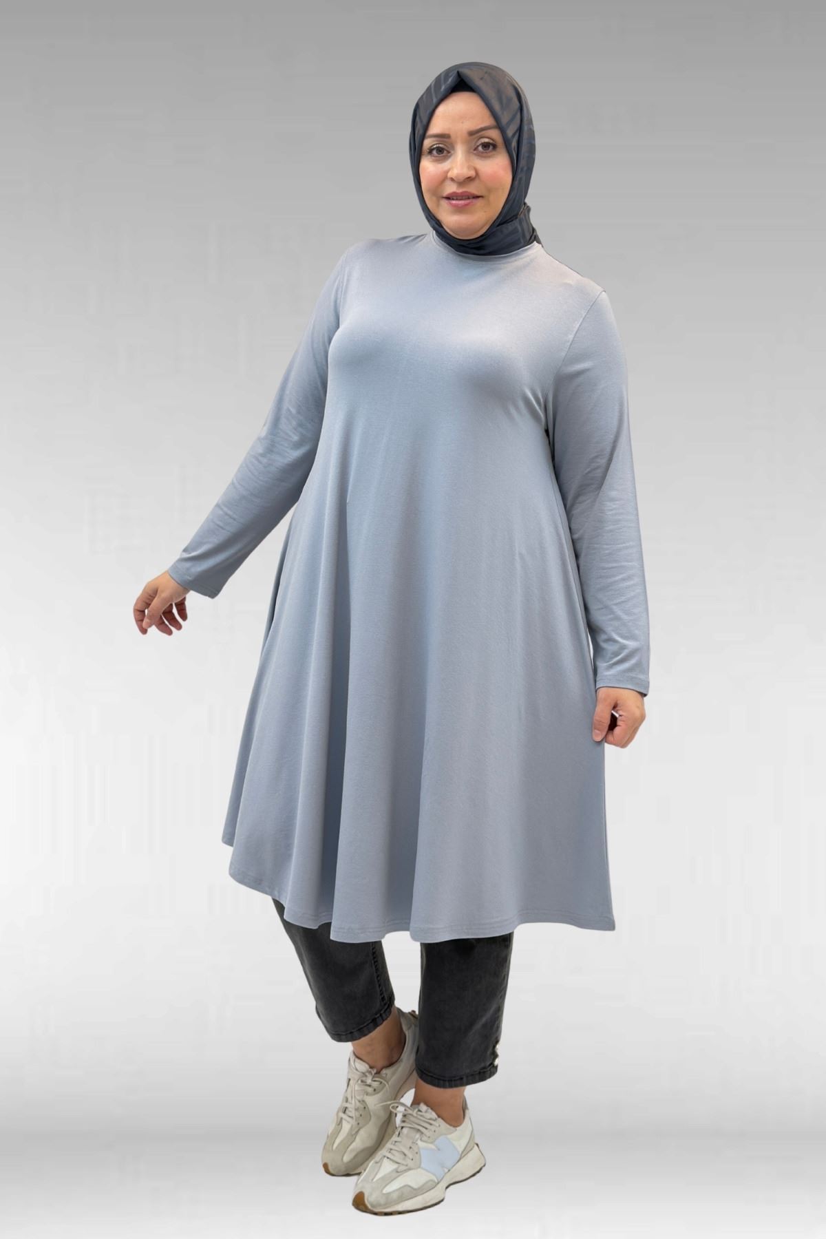 28016 Büyük Beden  Penye Mevlana Tunik - Gri