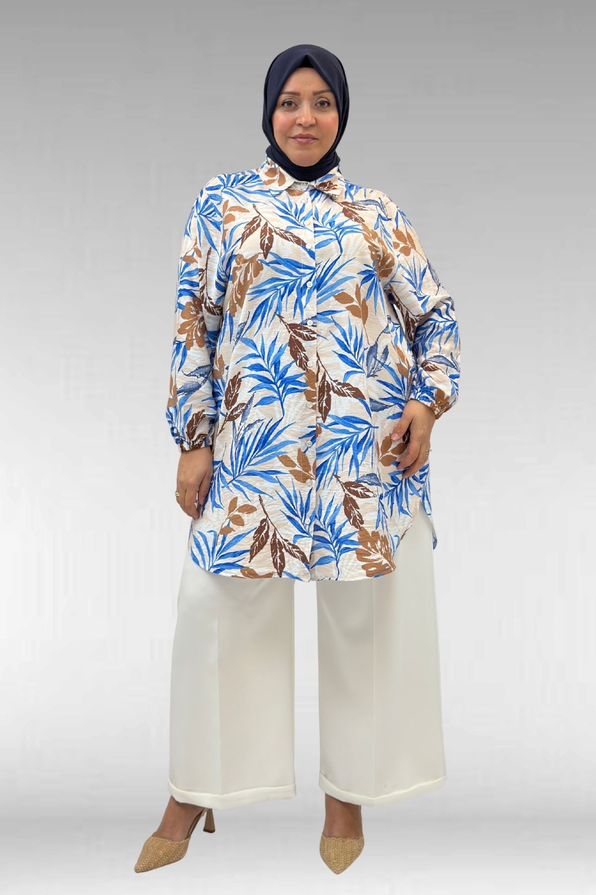 68010 Büyük Beden Yanları Yırtmaçlı Kolları Lastikli Mango Tunik - Desenli Haki