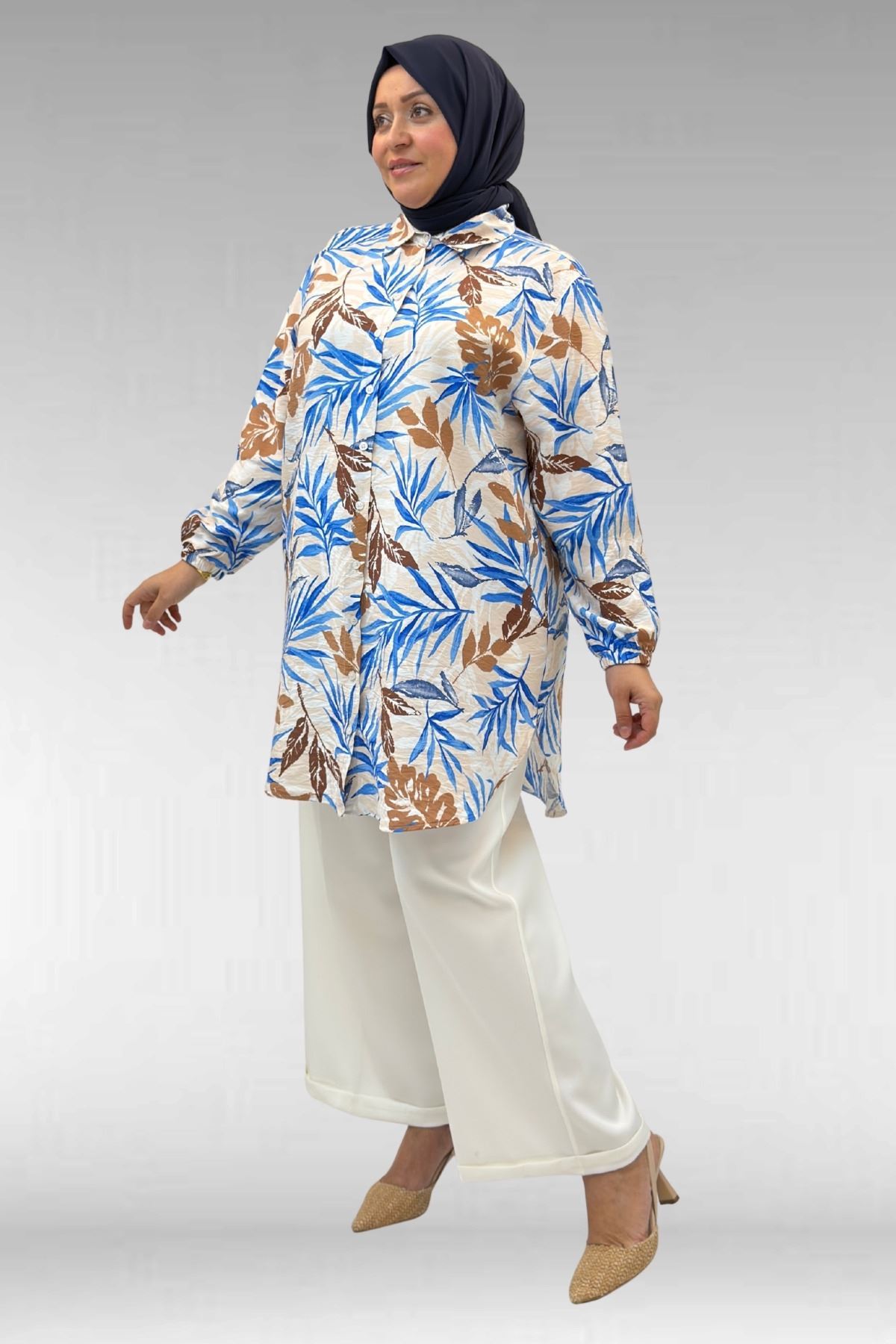 68010 Büyük Beden Yanları Yırtmaçlı Kolları Lastikli Mango Tunik - Desenli Haki