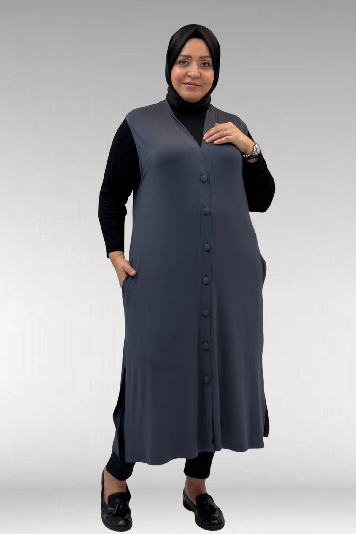 54017 Büyük Beden Kaplama Düğmeli Giy-Çık Penye Yelek - Antrasit