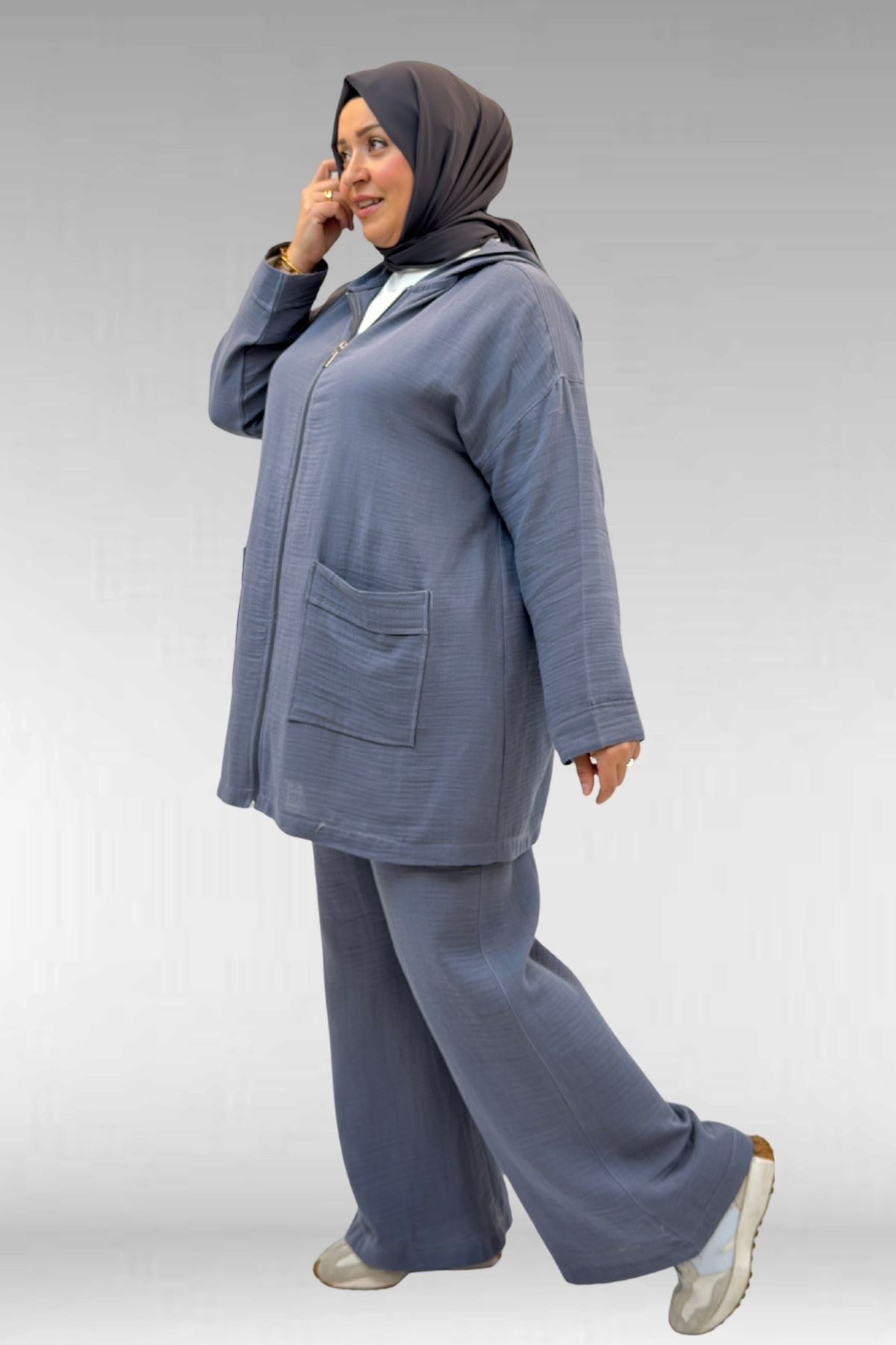 67035 Büyük Beden Kapşonlu Fermuarlı Müslin Pantolonlu Takım - Antrasit