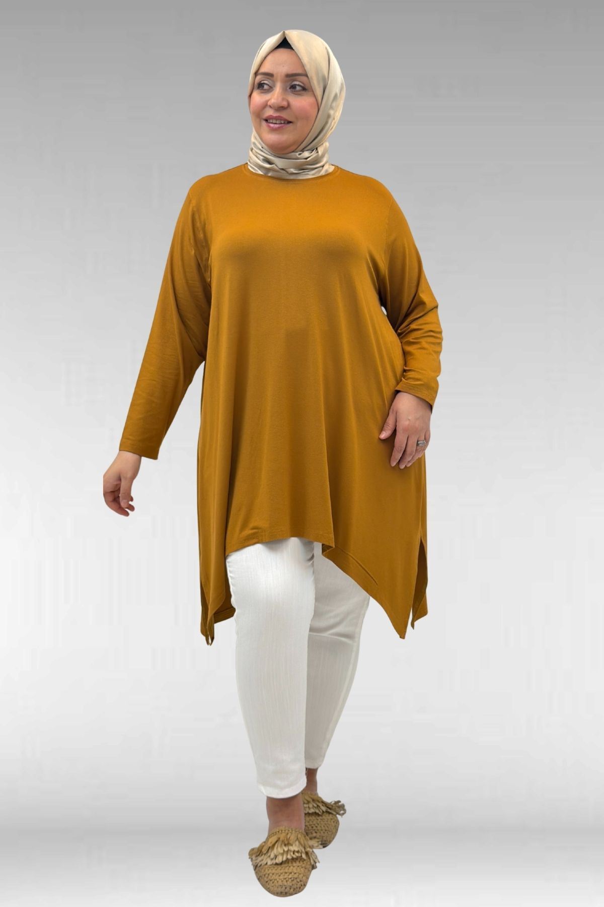 58070 Büyük Beden Asimetrik Kesim Penye Tunik - Tütün