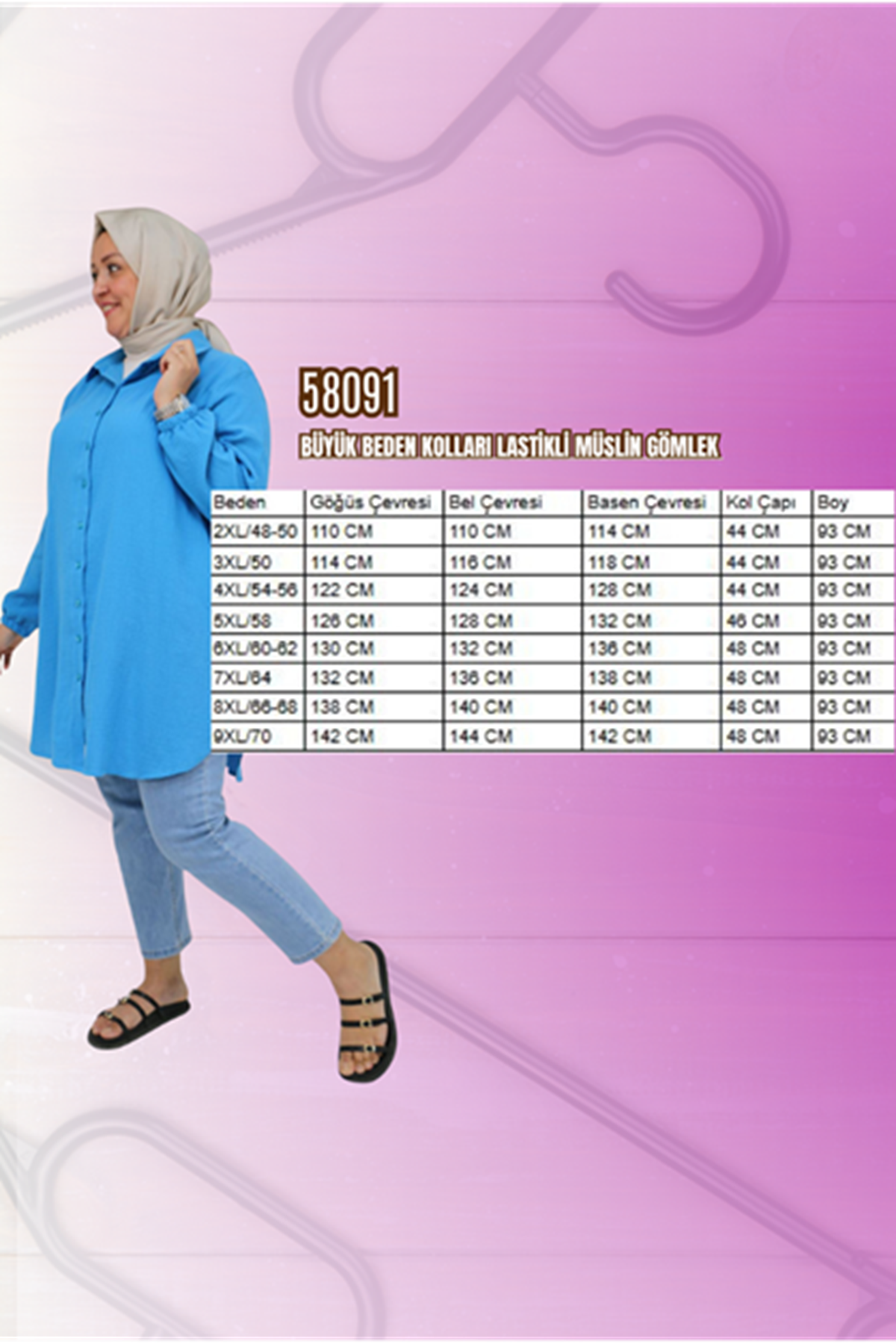 58091 Büyük Beden Kolları Lastikli Müslin Gömlek - Bisküvi