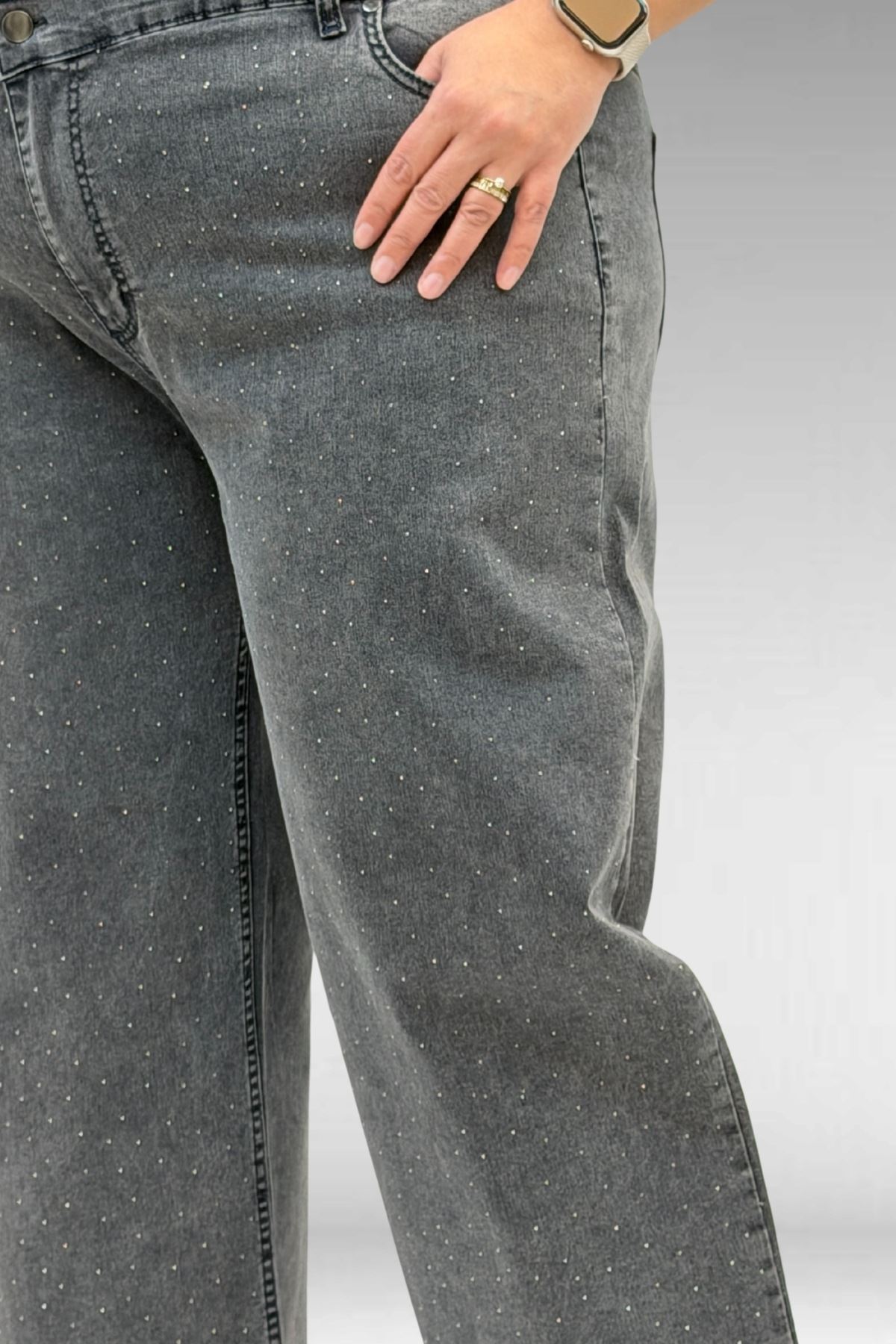 59037 Büyük Beden Önü Taşlı Bol Paça Kot Pantolon - Antrasit