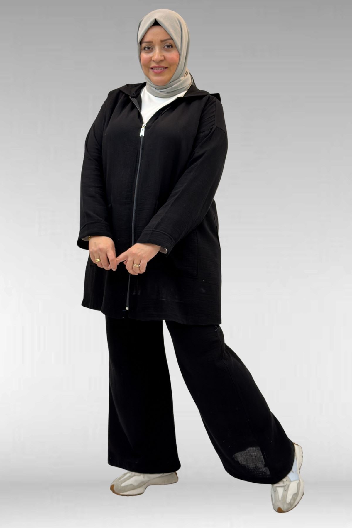 67035 Büyük Beden Kapşonlu Fermuarlı Müslin Pantolonlu Takım - Siyah