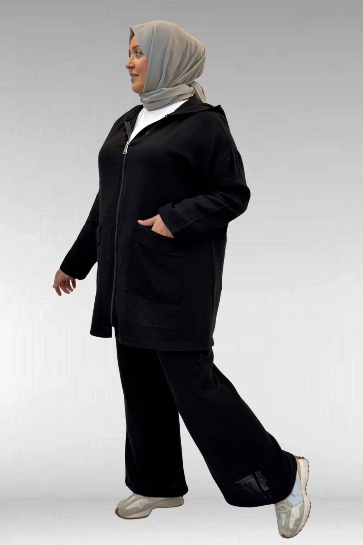 67035 Büyük Beden Kapşonlu Fermuarlı Müslin Pantolonlu Takım - Siyah
