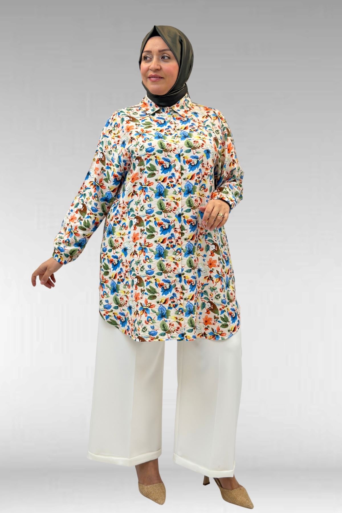 68010 Büyük Beden Yanları Yırtmaçlı Kolları Lastikli Mango Tunik - Desenli Taş