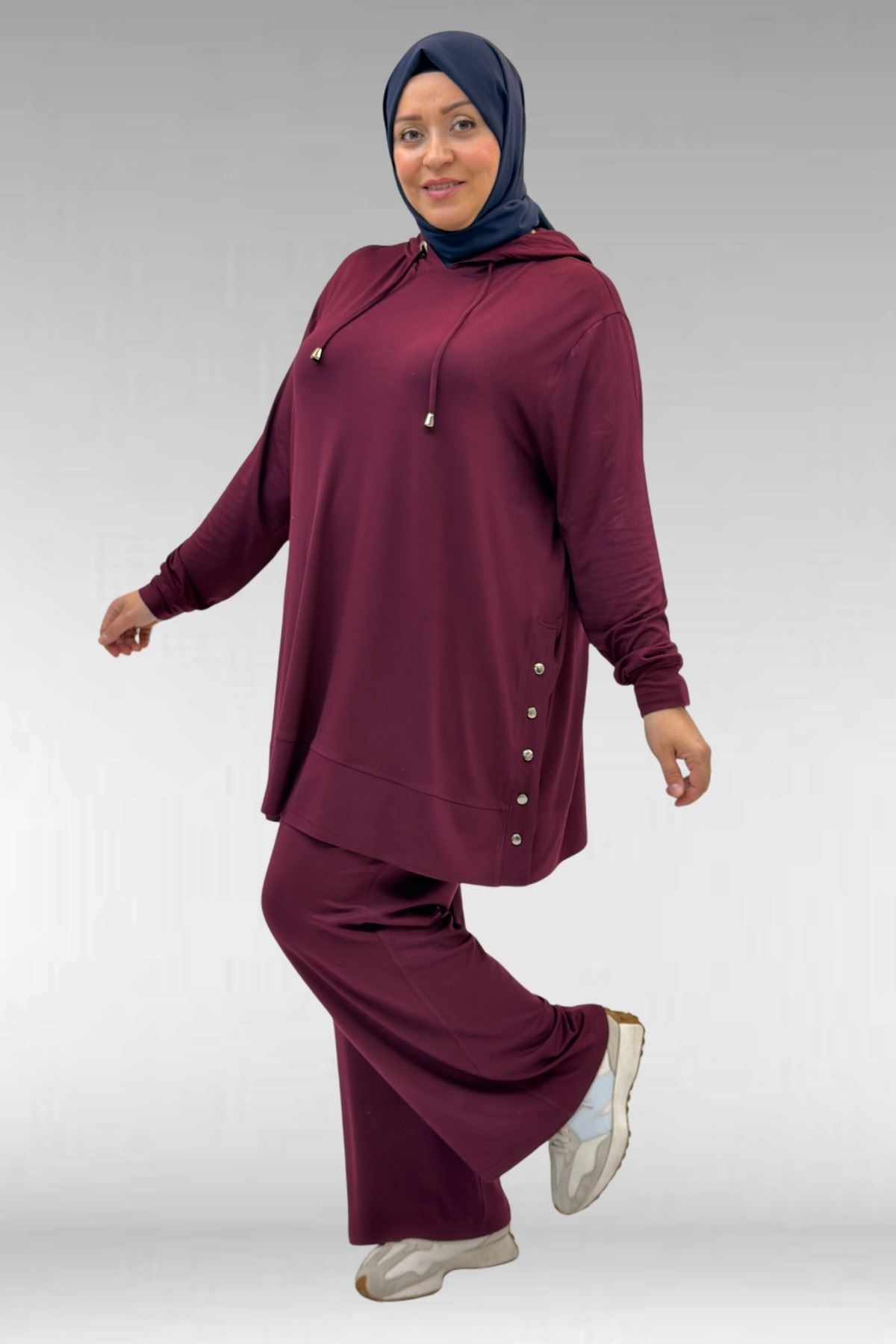 67034 Büyük Beden Yanları Patlı Penye Pantolonlu Takım - Bordo