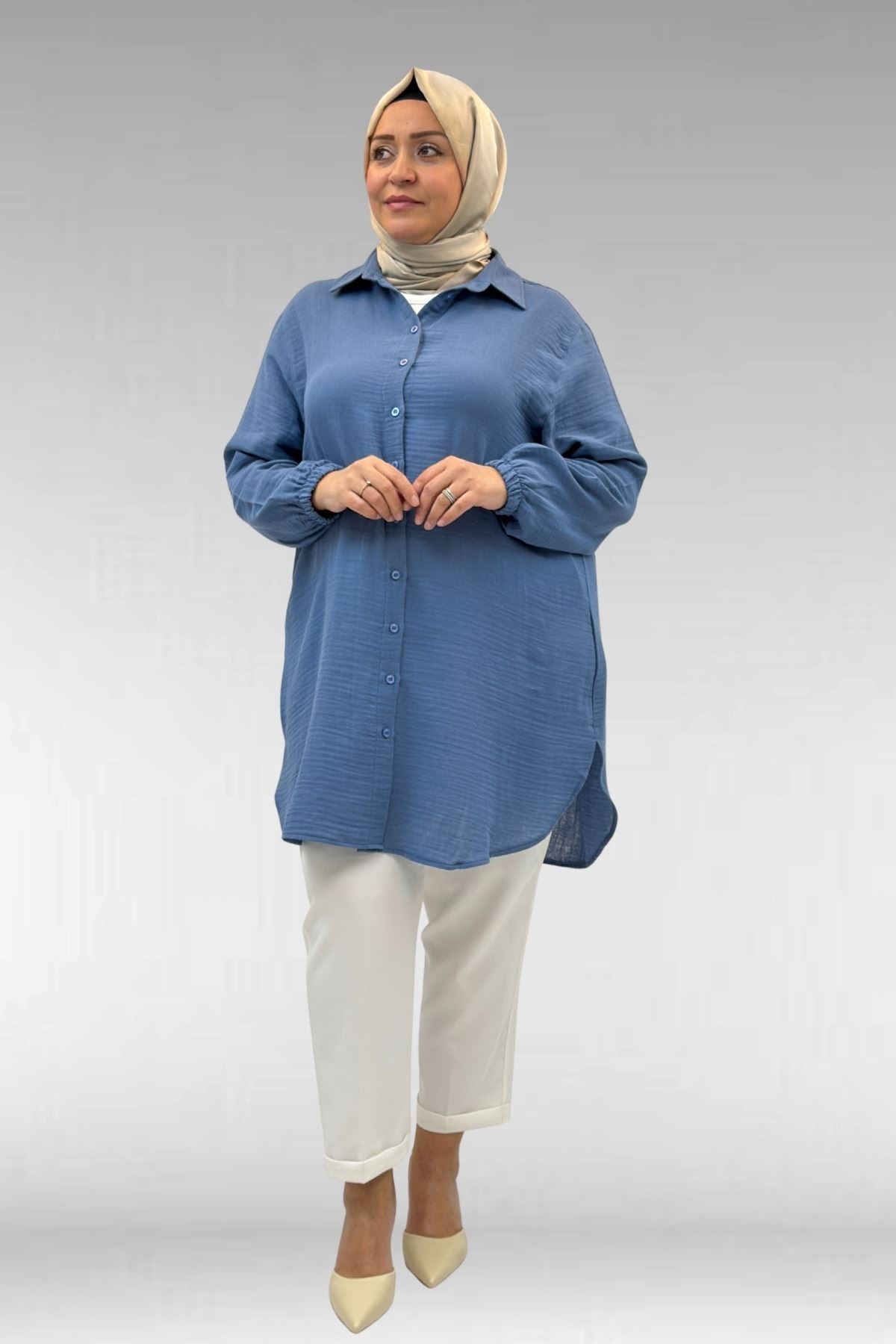 58091 Büyük Beden Kolları Lastikli Müslin Gömlek - Soğuk Mavi