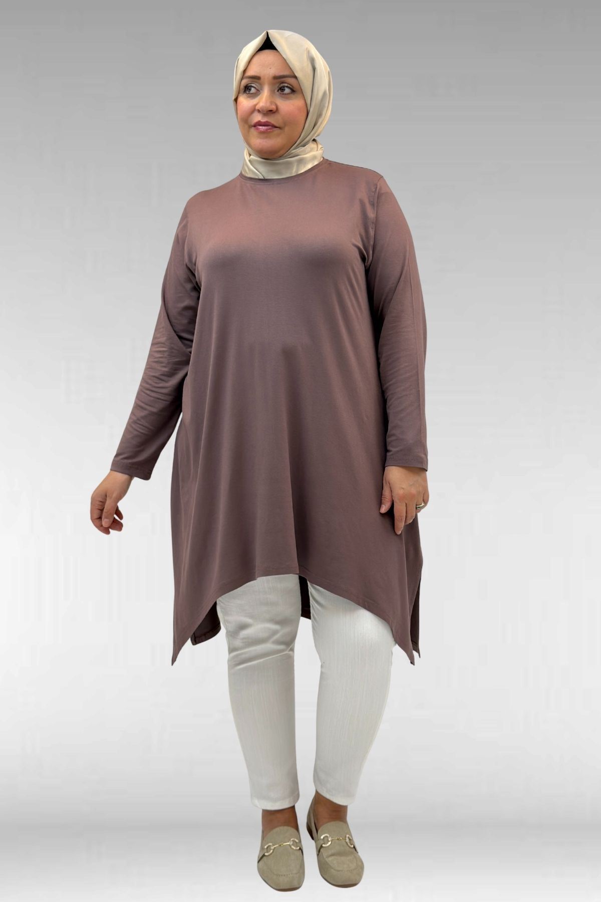 58070 Büyük Beden Asimetrik Kesim Penye Tunik - Vizon