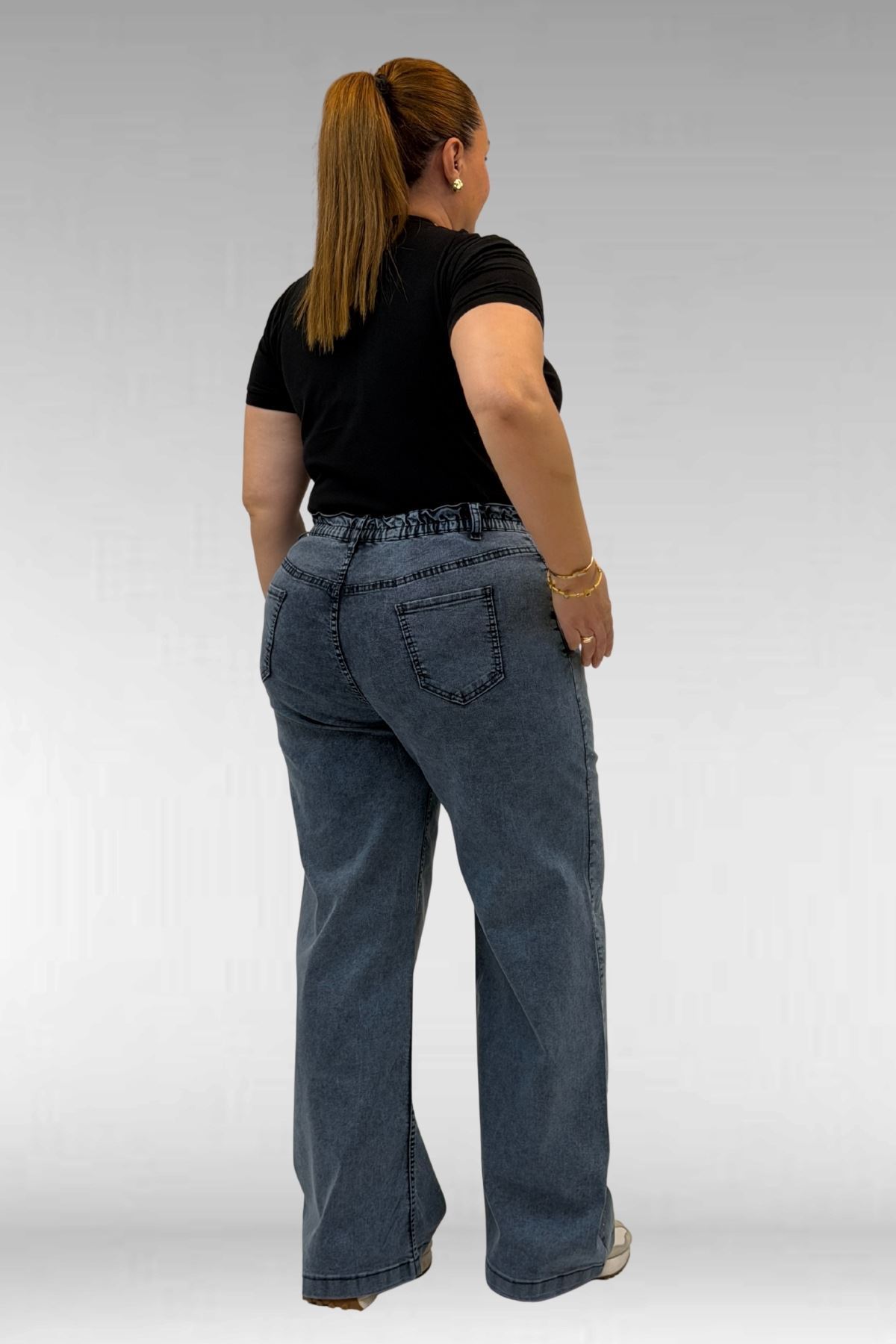 59037 Büyük Beden Önü Taşlı Bol Paça Kot Pantolon - Lacivert