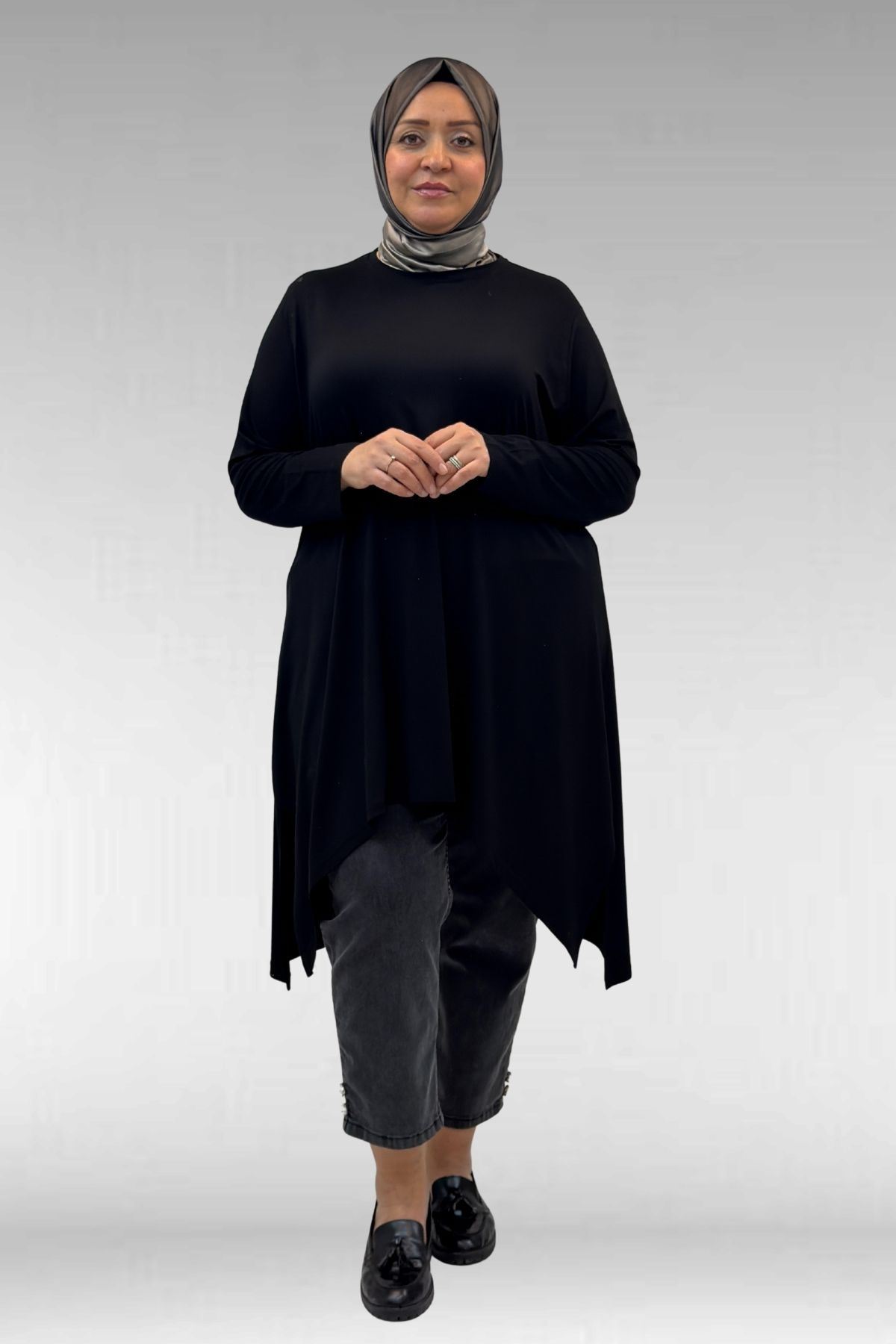 58070 Büyük Beden Asimetrik Kesim Penye Tunik - Siyah