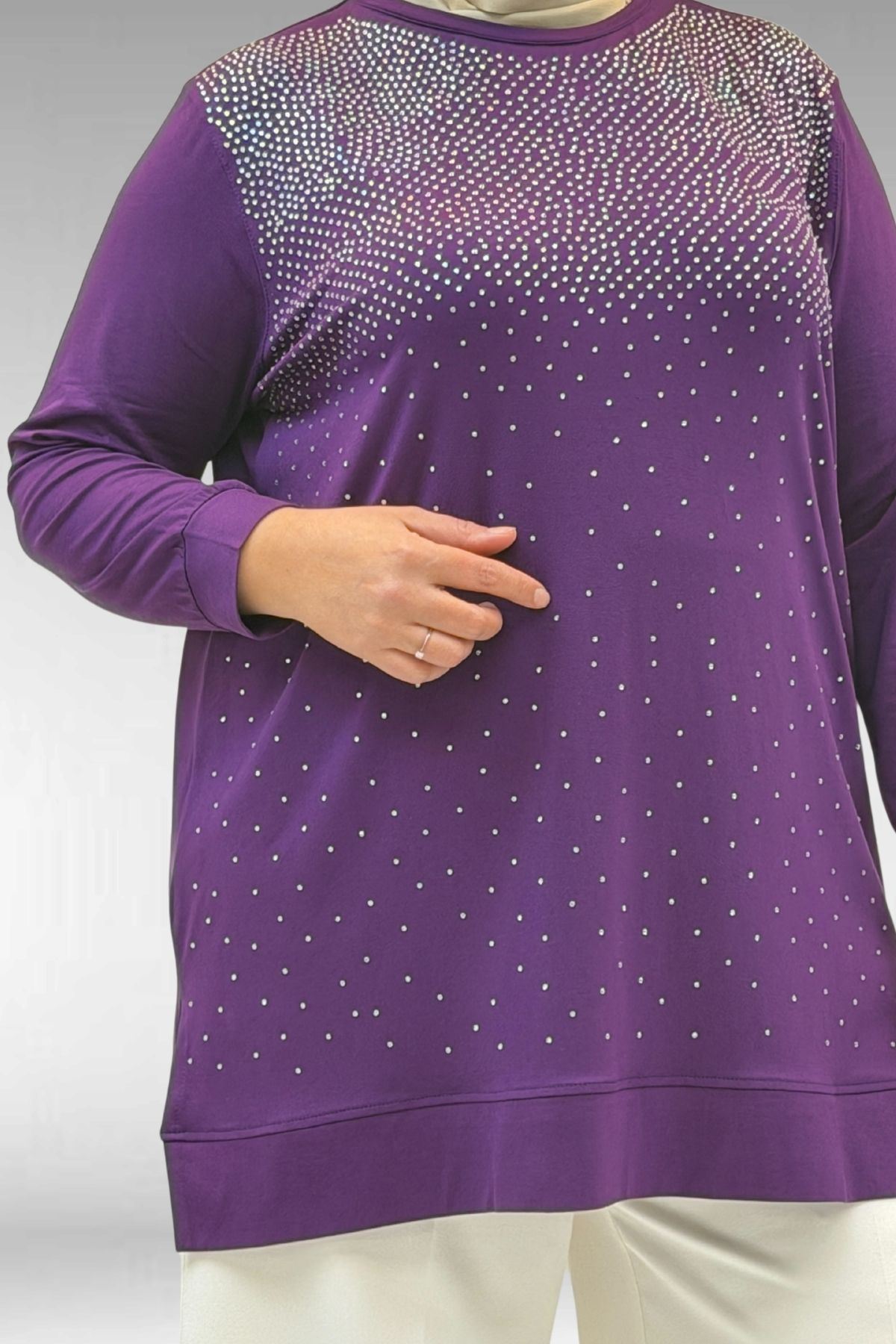 68011 Büyük Beden Önü Taş Detaylı Penye Tunik - Mor