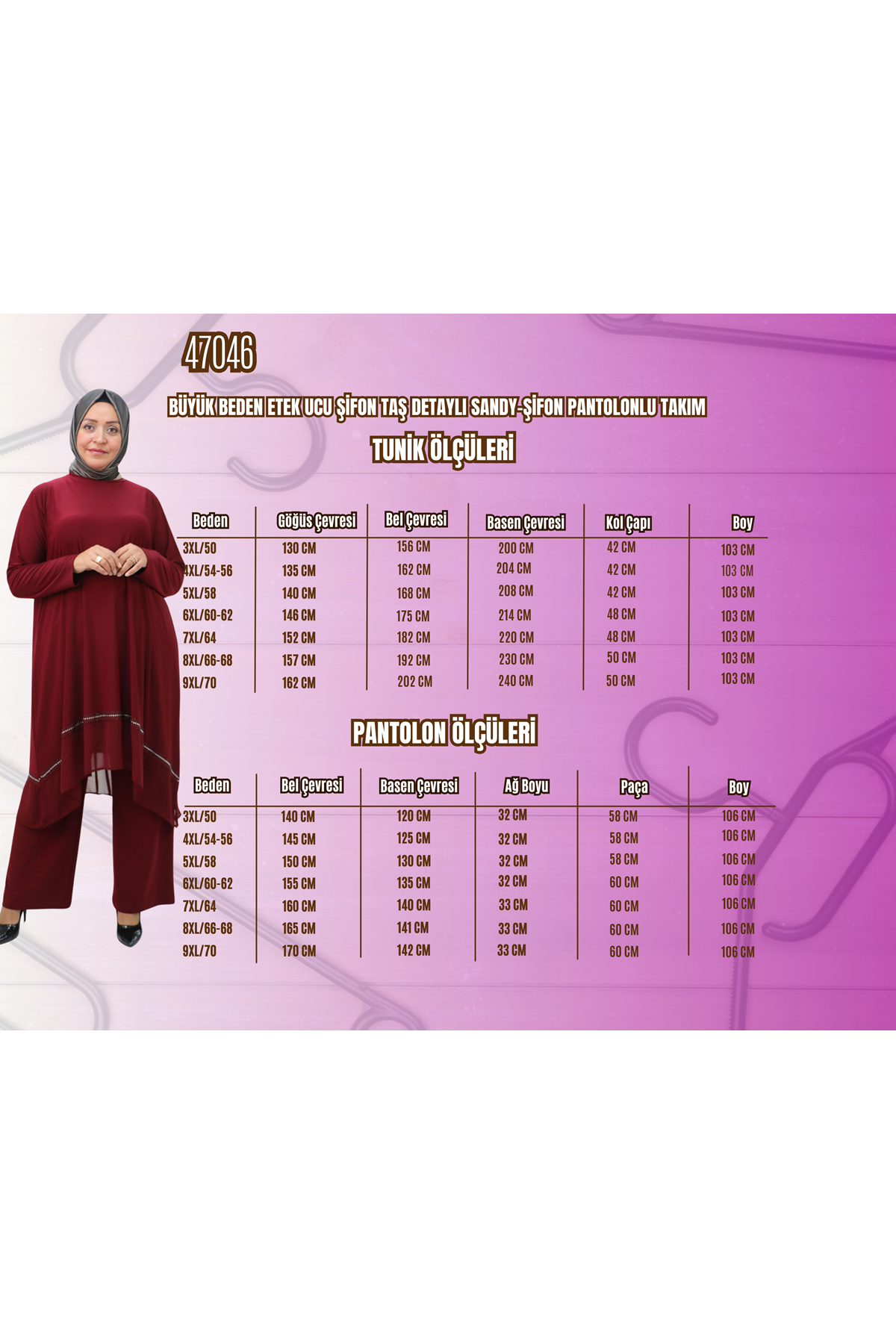 F-47046 Büyük Beden  Etek Ucu Şifon Taş Detaylı Sandy-Şifon Pantolonlu Takım - Somon