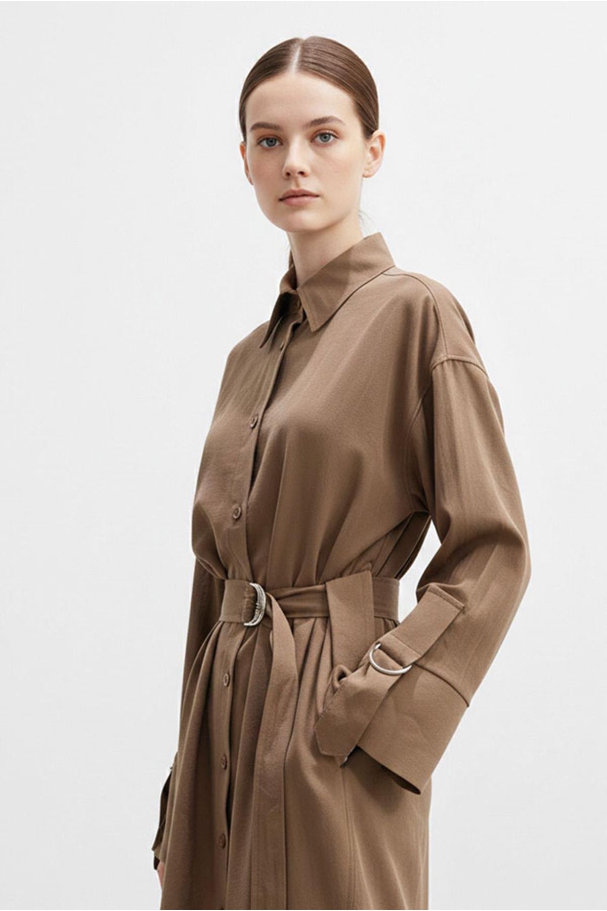 26Y7418 - KAHVE - KUŞAKLI ELBİSE KAP