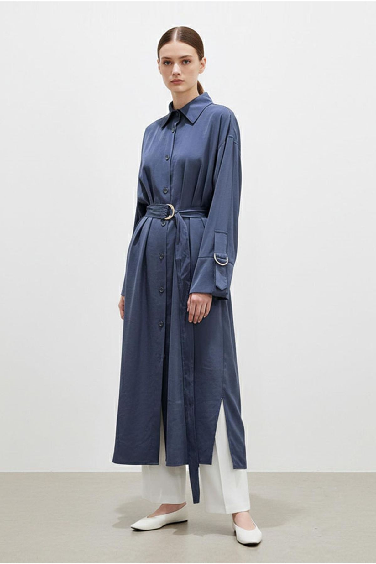 26Y7418 - LACİVERT- KUŞAKLI ELBİSE KAP