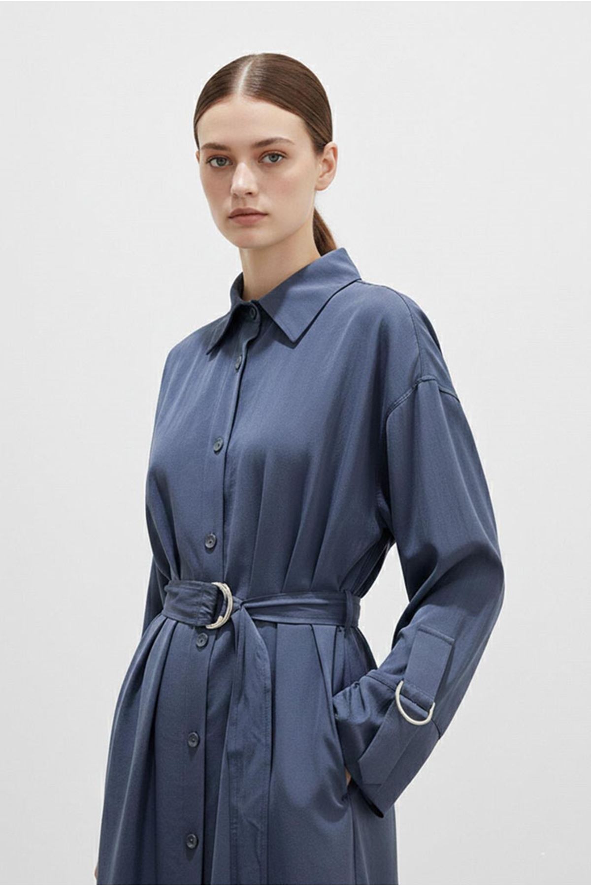 26Y7418 - LACİVERT- KUŞAKLI ELBİSE KAP