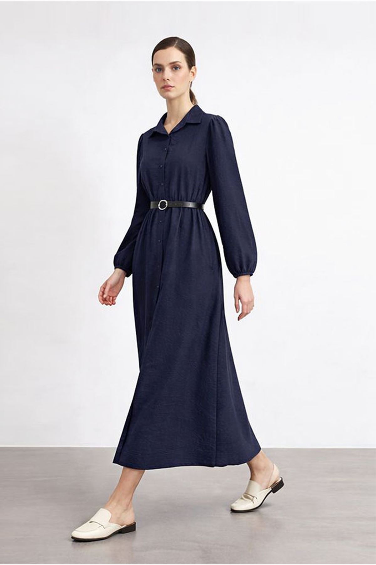 26Y7434 - LACİVERT - KEMERLİ PARAŞÜT ELBİSE 