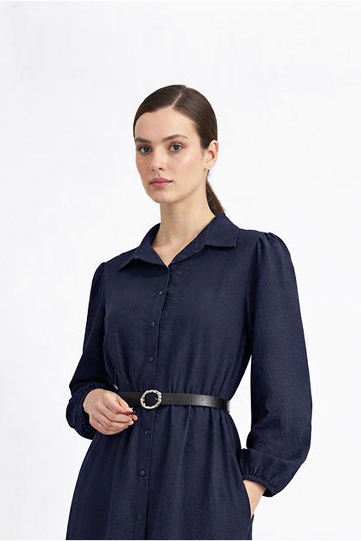 26Y7434 - LACİVERT - KEMERLİ PARAŞÜT ELBİSE 