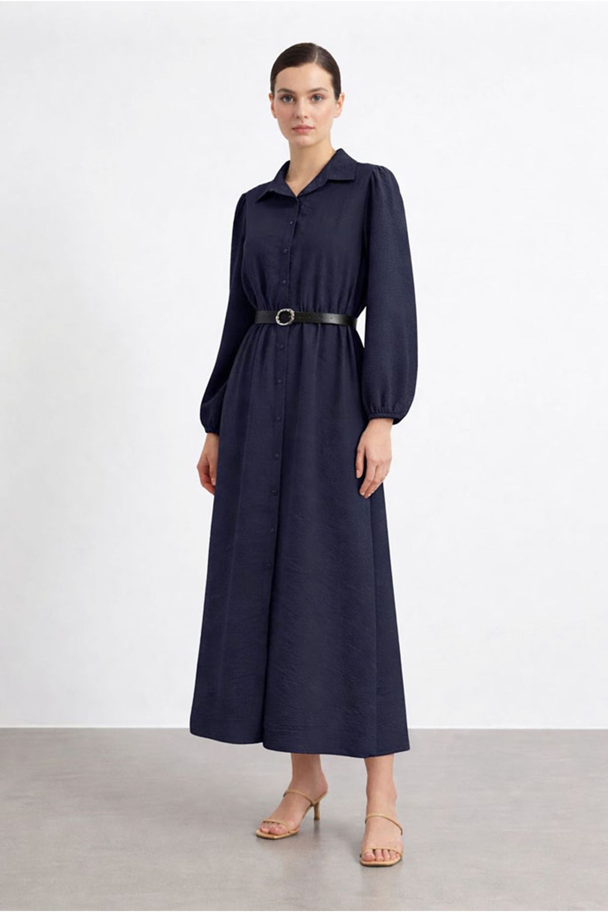 26Y7434 - LACİVERT - KEMERLİ PARAŞÜT ELBİSE 