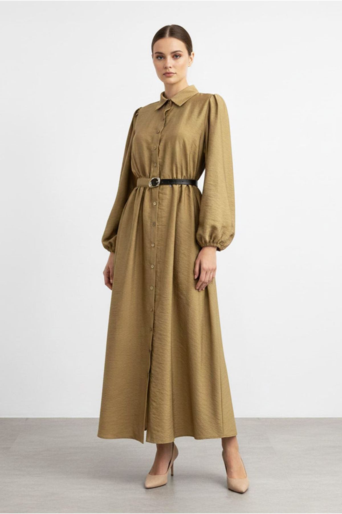 26Y7434 - VİZON - KEMERLİ PARAŞÜT ELBİSE