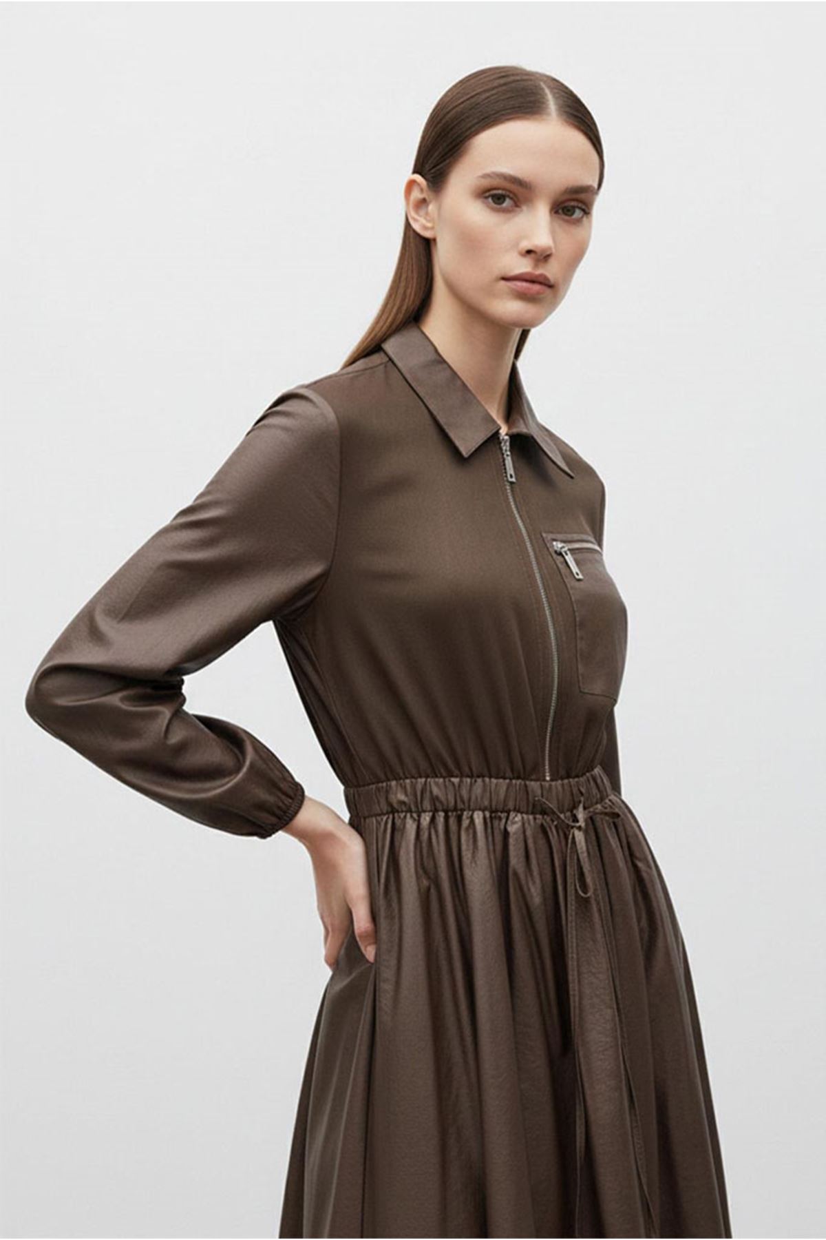 26Y7424 - KAHVE - PARAŞÜT CEPLİ ELBİSE 