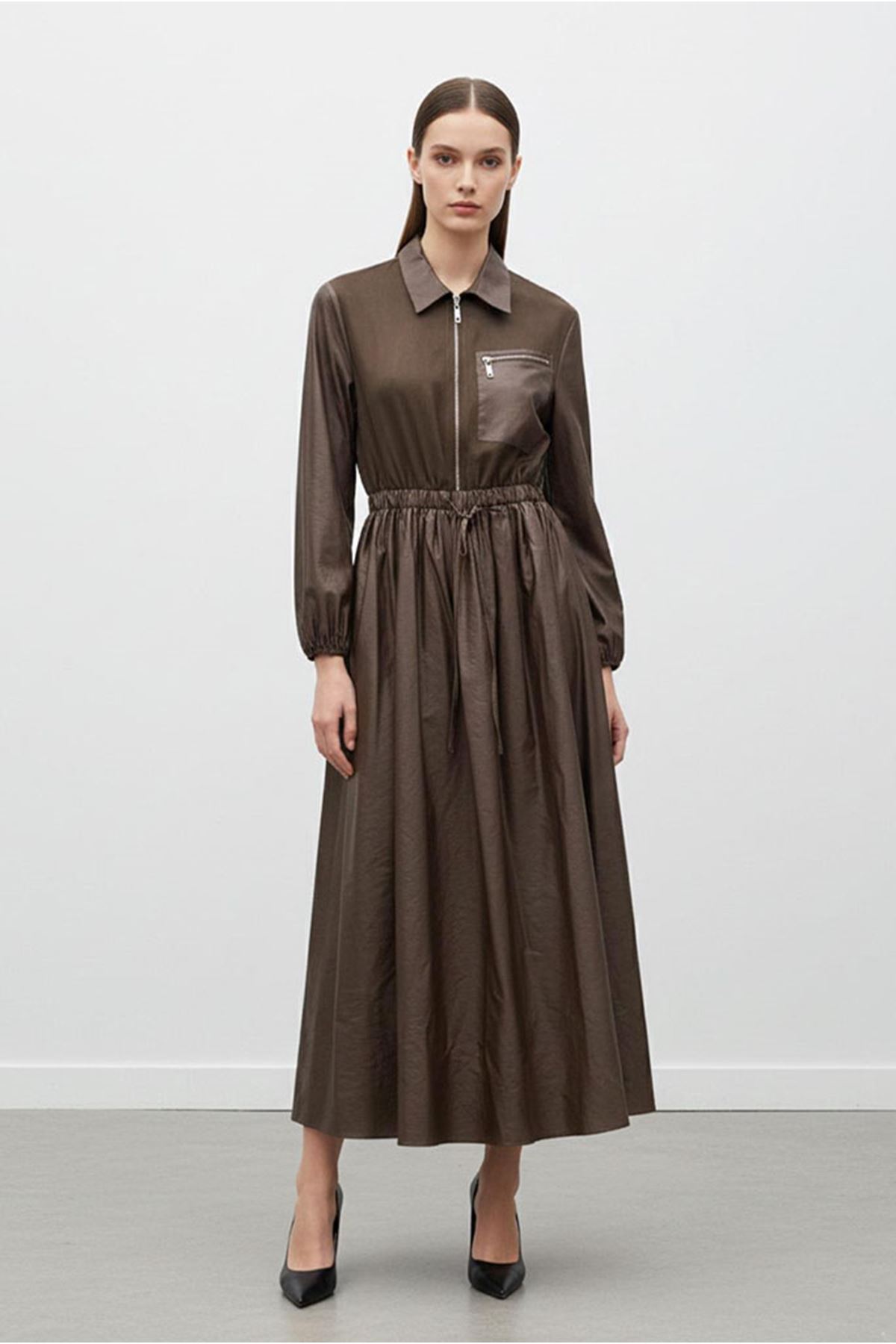 26Y7424 - KAHVE - PARAŞÜT CEPLİ ELBİSE 